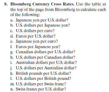 8. Bloomberg Currency Cross Rates. Use the table at the top of the page from Bloomberg to calculate each of the following: a. Japanese yen per U.S. dollar? b. U.S. dollars per Japanese yen? c. U.S. dollars per euro? d. Euros per U.S. dollar? e. Japanese yen per euro? f Euros per Japanese yen? g. Canadian dollars per U.S. dollar? h. U.S. dollars per Canadian dollar? i. Australian dollars per U.S. dollar? j. U.S. dollars per Australian dollar? k. British pounds per U.S. dollar? L. U.S. dollars per British pound? m. U.S. dollars per Swiss franc? n. Swiss francs per US. dollar?