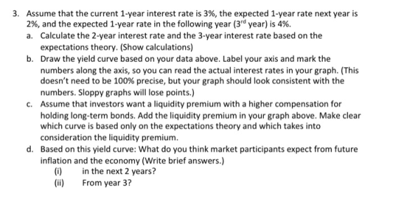 3. Assume that the current 1-year interest rate is 3%, the expected 1-year rate next year is 2%, and the expected 1-year rate