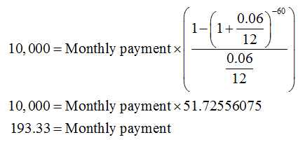 10,000 = Monthly paymentx 0.06 10,000 = Monthly payment x 51.72556075 193.33= Monthly payment