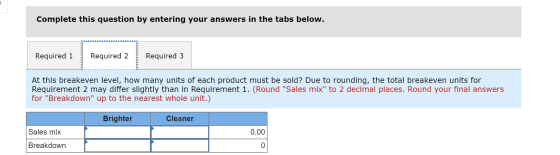 Complete this question by entering your answers in the tabs below. Required 1 Required 2 Required 3 At this breakeven level,