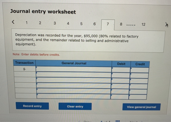 Journal entry worksheet < 1 2 3 4 5 6 7 8 ..... 12 Depreciation was recorded for the year, $95,000 (80% related to factory eq