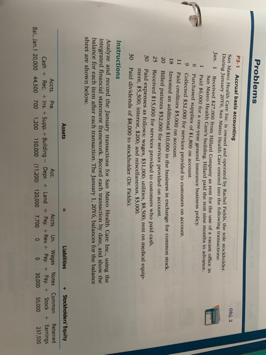 Problems Obj. 2 P3-1 Accrual basis accounting San Mateo Health Care Inc. is owned and operated by Rachel Pields, the sole sto
