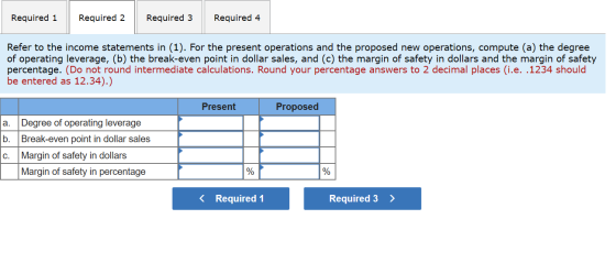 Required 1 Required 2 Required 3 Required 4 Refer to the income statements in (1). For the present operations and the propose