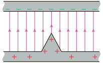 The uniform vertical field lines are shown to start from the bottom plate and end on the top plate. The bottom plate is uniformly charged.