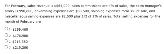 For February, sales revenue is $564,000, sales commissions are 4% of sales, the sales managers salary is $90,800, advertisin