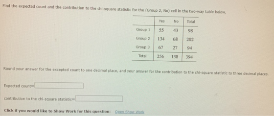 Find the expected count and the contribution to the chi-square statistic for the (Group 2, No) cell in the two-way table belo