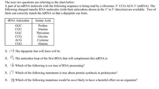 The next two questions are referring to the chart below: A part of an mRNA molecule with the following sequence is being read