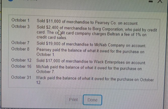 - October 1 Sold $11,000 of merchandise to Pearsey Co, on account. October 3 Sold $2.400 of merchandise to Borg Corporation,