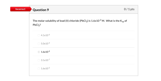 Incorrect Question 9 0/1 pts The molar solubility of lead () chloride (PbCl2) is 1.6x102 M. What is the Ksp of PbCl2? 4.1x10-