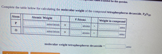 T om II Complete the table below for calculating the molecular weight of the compound tetraphosphorus decaoxide, P4010- Atom