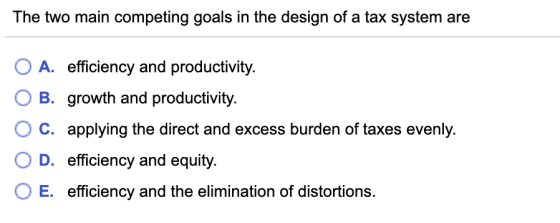 The two main competing goals in the design of a tax system are O A. efficiency and productivity. O B. growth and productivity