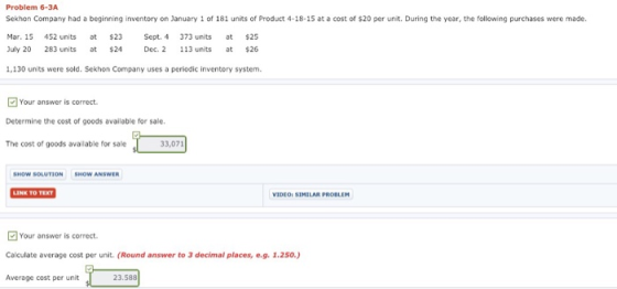 Problem 6-3A Sekhon Company had a beginning inventory on January 1 of 181 units of Product 4-18-15 at a cost of $20 per unit. During the year, the following purchases were made. Mar. 15 452 units at $23 Sept. 4 373 units at $25 uly 20 283 units at $24Dec. 2 113 units at $26 1,130 units were sold. Sekhon Company uses a periodic inventory system Your answer is correct. Determine the cost of goods available for sale. The cost of goods available for sale 33,071 VIDEO, SIMILAR PROlu Your answer is correct Calculate average cost per unit. (Round answer to 3 decimal places, e.g. 1.250. Average cost per unit 23.588