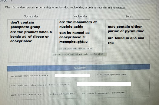 sol 26 > Classify the descriptions as pertaining to nucleosides, nucleotides, or both nucleosides and nucleotides. Nucleoside