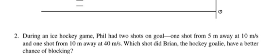 2. During an ice hockey game, Phil had two shots on goal-one shot from 5 m away at 10 m/s and one shot from 10 m away at 40 m/s. Which shot did Brian, the hockey goalie, have a better chance of blocking?