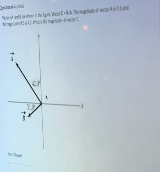 Vectors A and Bare shown in the figure Vector C B-A The magnitude of vector A is 96 an the magnitude of Bis42 What s the magnitude of vectorC uestion 6 14 points 4201 Your Answe