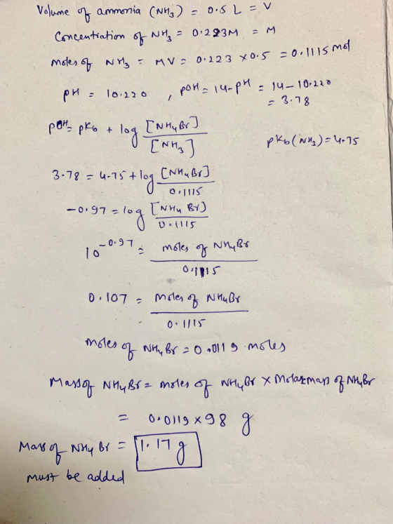 [NHA] Volume of ammonia (NH₂) = 0.0L = v. Concentration of Not = 0.283M = M. = 0.111s mol moles of wiz - MV = 0.223 40.5 pH =
