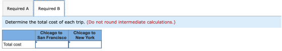 Required A Required B Determine the total cost of each trip. (Do not round intermediate calculations.) Chicago to San Francis