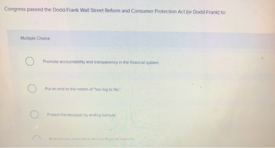 Congress passed the Dodd-Frank Wall Street Reform and Consumer Protection Act (or Dodd-Frank) to: Multiple Choice o Promote a