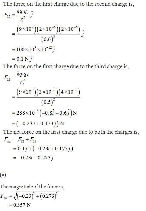 The force on the first charge due to the second charge is, kq,q2 9x109 (2x10-5 (2x106 0.6 -100x109x10-12j -0.1 Nj The force o