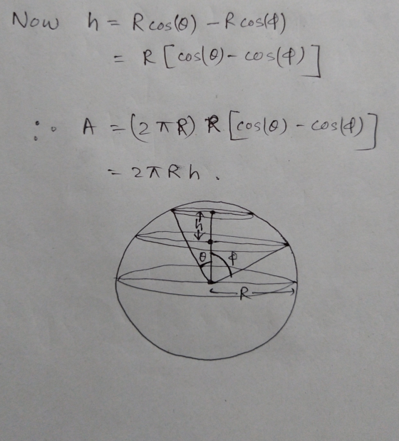 Now h= Reos (0) - R cos(8) = R (cos(0)-cos()] A = (278) R [Cos (0) - cos(f) - 2TR h. RE