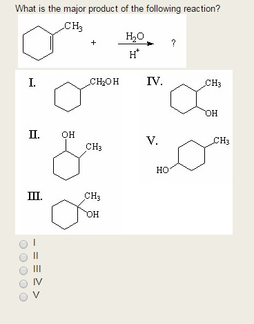 What is the major product of the following reaction? HO I. CHOH IV. CH2OH IV. CH3 Ⅱ. OH CH3 HO CH O II