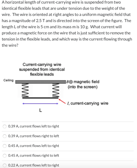A horizontal length of current-carrying wire is suspended from two identical flexible leads that are under tension due to the
