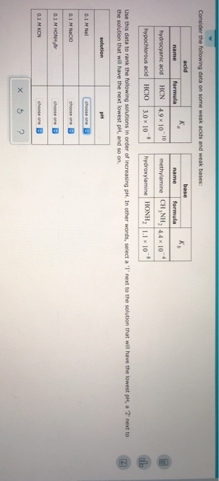Consider the following data on some weak acids and weak bases: acid base name formula name hydrocyanic acid HCN 4.9 x 10 form