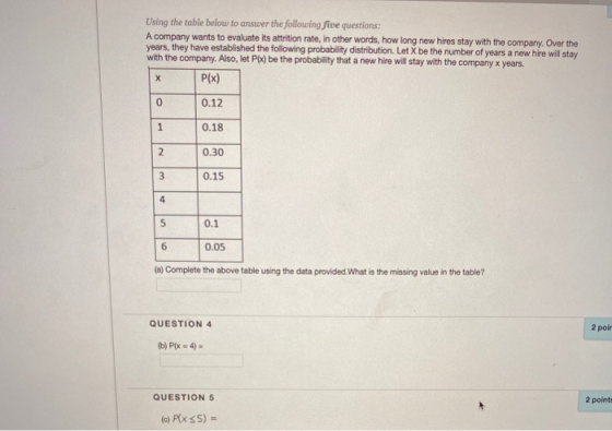 Using the table below to answer the following five questions: A company wants to evaluate its attrition rate, in other words,