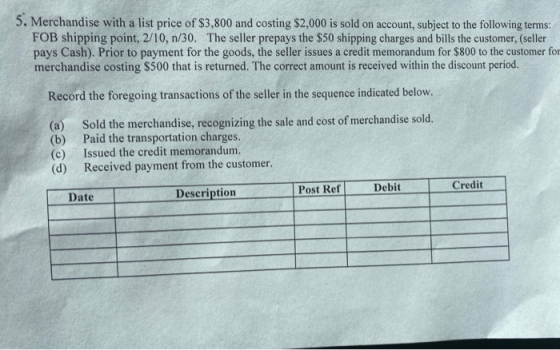 5. Merchandise with a list price of $3,800 and costing $2,000 is sold on account, subject to the following terms: FOB shippin
