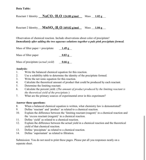 Data Table: Reactant 1 Identity_NaCO,H,O 124.00 g/mol Mass 1.02 g Reactant 2 Identity_MnS0, H,0 169.02 g/mol Mass_1.04 g Obse