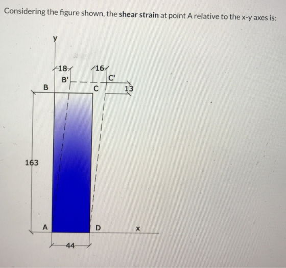 Considering the figure shown, the shear strain at point A relative to the x-y axes is: у -16 418/ B CH B С 13 163 A D х 44