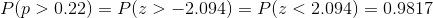 P(p > 0.22) = P(z >-2094) = P(z < 2.094) = 0.9817