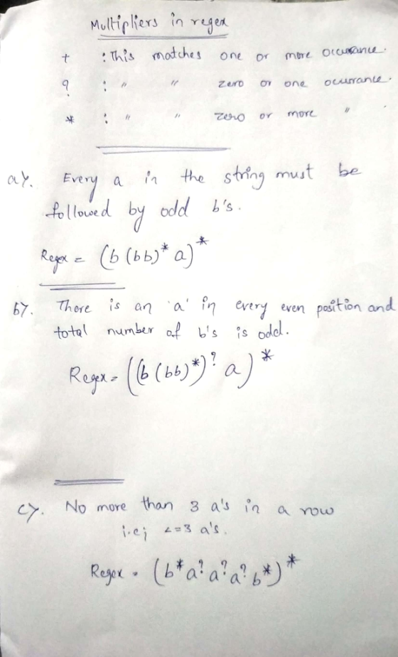 t Ths motches one or mtre Zero ov one ocran : zo or more Every a n stnng mu eloued byod s Thore a evtry wen paitin and total number al bs įsodd CT с>. No more than 3 as in a row Raya