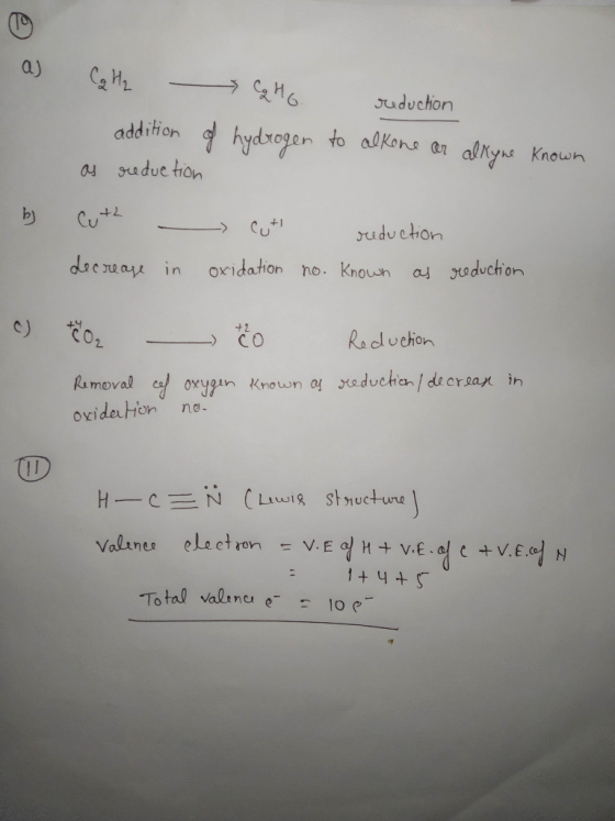 a C₂H₂ Catto reduction addition of hydrogen to alkone or allyne known as reduction b) Cuth - Cut reduction oxidation no. Know