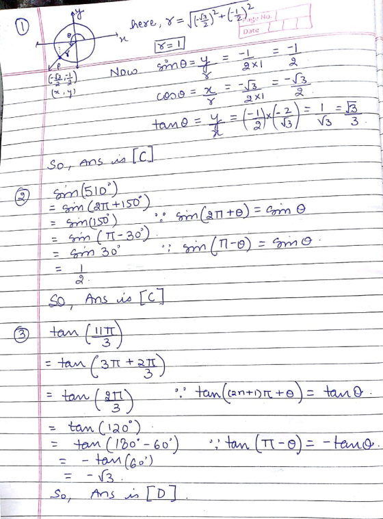 here, 8 = 149**** Date 18=1] Primery (2) Now smo- y = -1 4 = 1 coso = x = 3 = - 13 tano = y = (-214-2) = 1 = 1 So, Ans is [c]