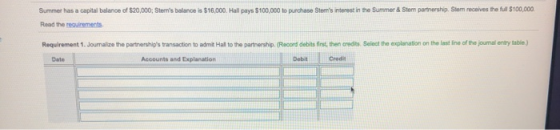 Summer has a capital balance of $20,000; Sterns balance is $16,000. Hall pays $100,000 to purchase Stems interest in the Su