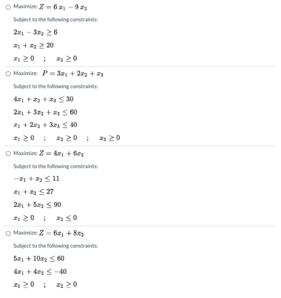 Maximize: Z=6001 - 9.22 Subject to the following constraints: 2001 - 3.02 > 6 21 +.02 > 20 2 > 0 22 > 0 .. O Maximize: P = 3.