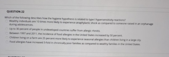 QUESTION 22 Which of the following describes how the hygiene hypothesis is related to type I hypersensitivity reactions? Weal