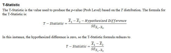T-Statistio The T-Statistic is the value used to produce the p-value (Prob Level) based on the T distribution. The formula fo