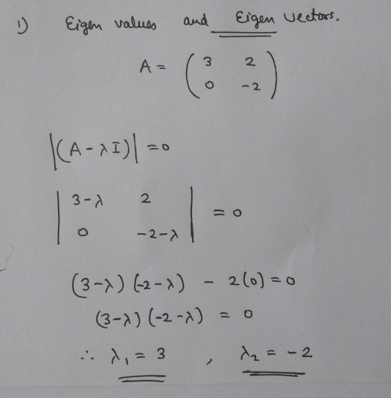 Eigen values and eigen vectors. |(A-XI)| =0 | 3-2 a la lo 22-x| (3-X) (2-x) - 2(0)=0 (3-X) (2-x) = 0 ..^, = 3 , 12 = -2