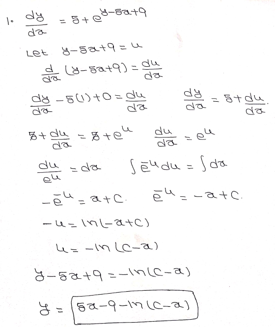 dy Y-Sat9 te 1. da Let y-gat9=u 잎 냉-5at9) = du da dy -5UDt=u dal d da d५ 위원 =5tdu da ft du la =gte u du da 이 du 느da seudu=s