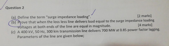 Question 2 (a) Define the term surge impedance loading. [2 marks] (b) Prove that when the loss less line delivers load equa