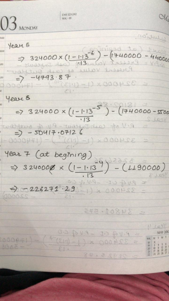 03 DAY123-242 MONDAY 9.00 Yeau 6 seasd to 640000-4 40000 - ㅋ 324000 x (1-1-13 )-(+ el yeast 6 0 324000x (40000-Srco year 7 (at begtning) す3 24 00025乂( 1-1:13 (1190000) 226271 29 MAY 200 9 34 5 6 22 24 25 26 27