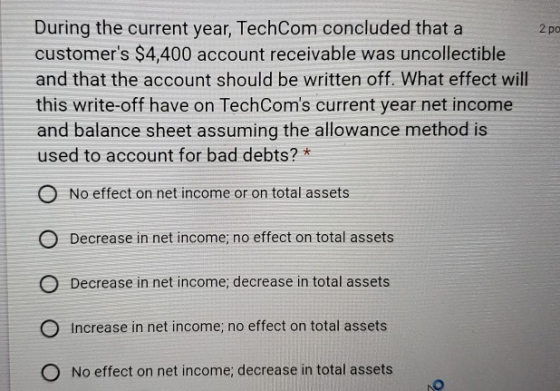 2po During the current year, TechCom concluded that a customers $4,400 account receivable was uncollectible and that the acc