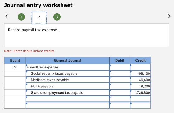 Journal entry worksheet Record payroll tax expense. Note: Enter debits before credits. Event Debit Credit General Journal Pay