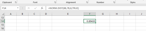 Clipboard Font Alignment Number Styles : * fc =NORM.DIST(88,78,8,TRUE) F G H I J 13 0.89435 15