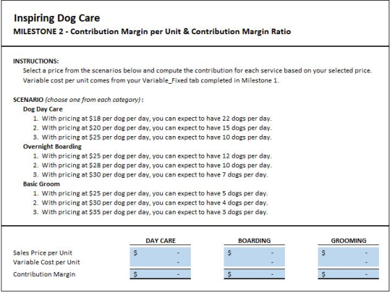 Inspiring Dog Care MILESTONE 2 - Contribution Margin per Unit & Contribution Margin Ratio INSTRUCTIONS: Select a price from t