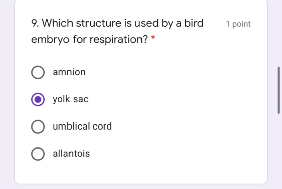 1 point 9. Which structure is used by a bird embryo for respiration? * amnion yolk sac O umblical cord allantois