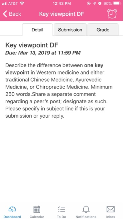AT&T 12:43 PM 90% Back Key viewpoint DF Detail Submission Grade Key viewpoint DF Due: Mar 13, 2019 at 11:59 PM Describe the d