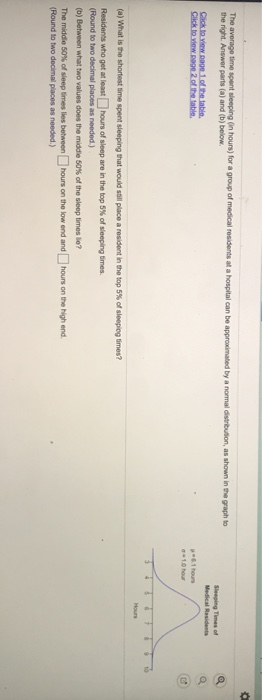 the right. Answer parts (a) and (b) below. Sleeging Timesf Medical Residents Cick to view.page 1o the table. Hours (a) what is he shortest time spent sleeping rat would sal place a resident in the top 5% of sleepog times? Residents who get at lea«Dhours of sleep are, in the top 5% of sleeping times. (Round to two decimal places as needed.) (b) Betwer, what two values does the middle 50% of the sleep times le? The midde 50% of sleep tres lies between ours on the low end and□hours on the high end. (Round to two decimal places as needed.)